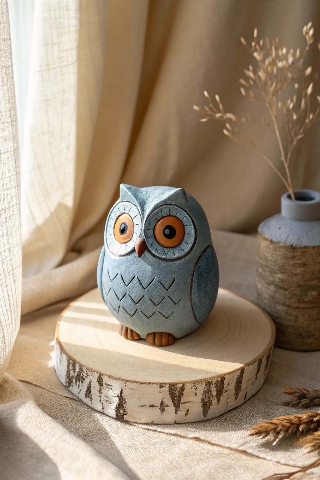 Easy big-eyed air dry clay owl in bold color, a sweet minimalist beginner animal you can actually make