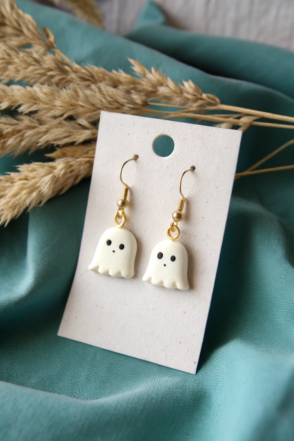 Tiny ghost dangle earrings on a clean card, minimalist boho charm in bold contrast.