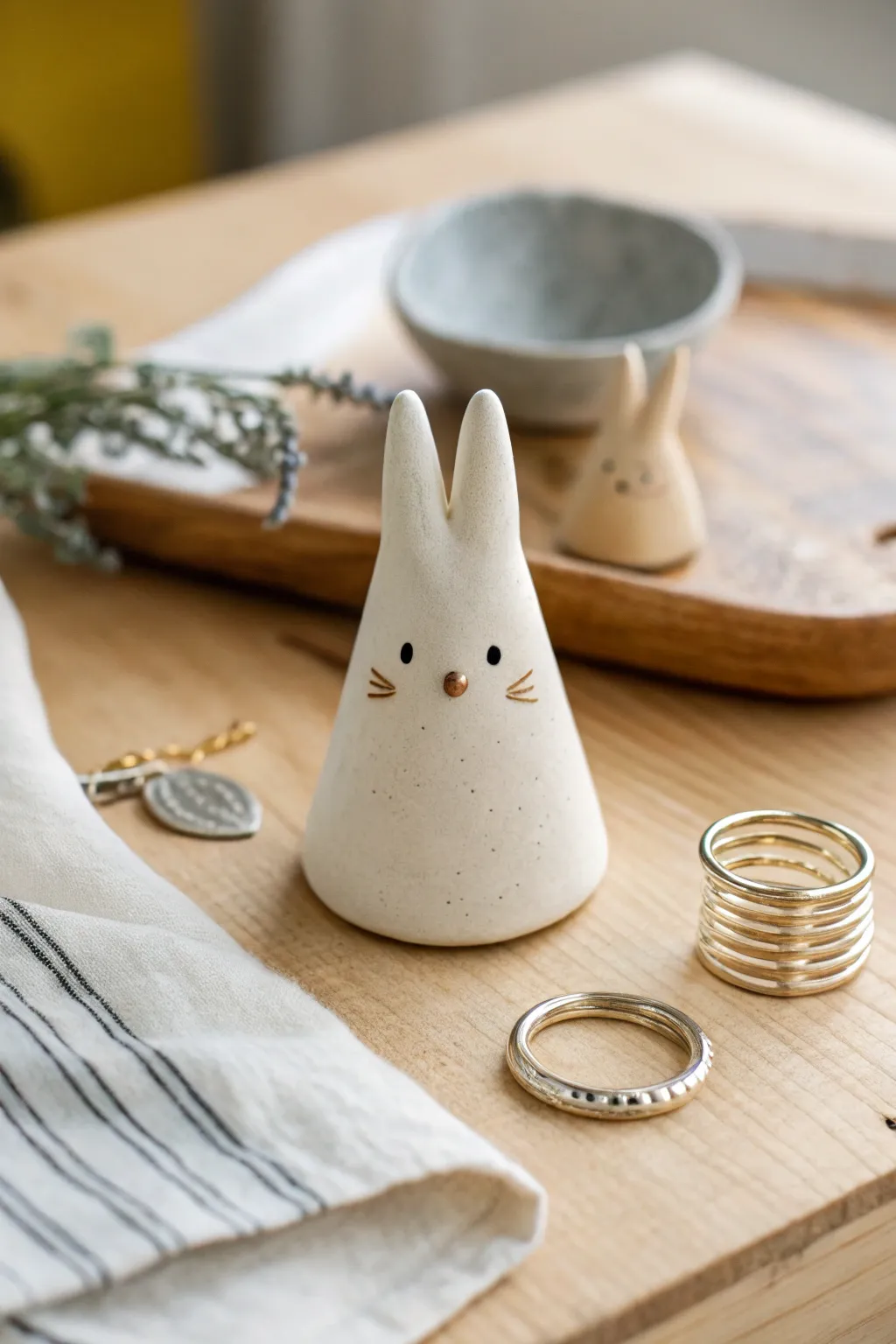 Minimal bunny ring holder cone in matte clay, styled Scandinavian with stacked rings and soft light