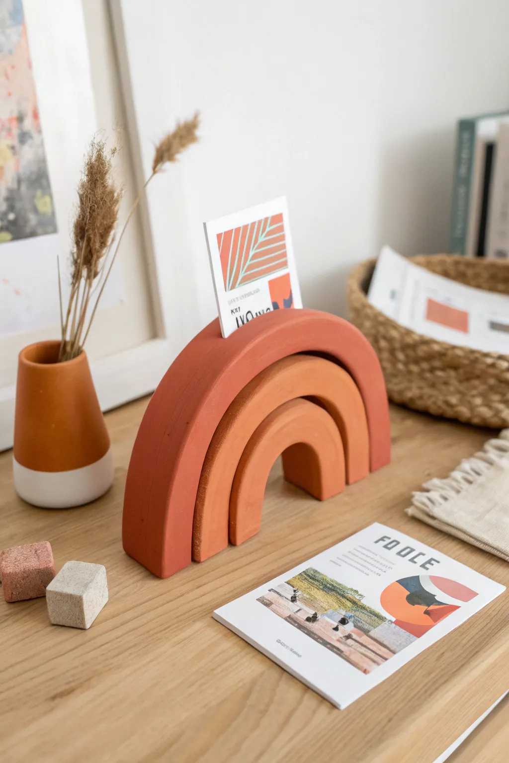 Minimal clay arch photo holder in bold coral, holding a postcard on a light oak desk.