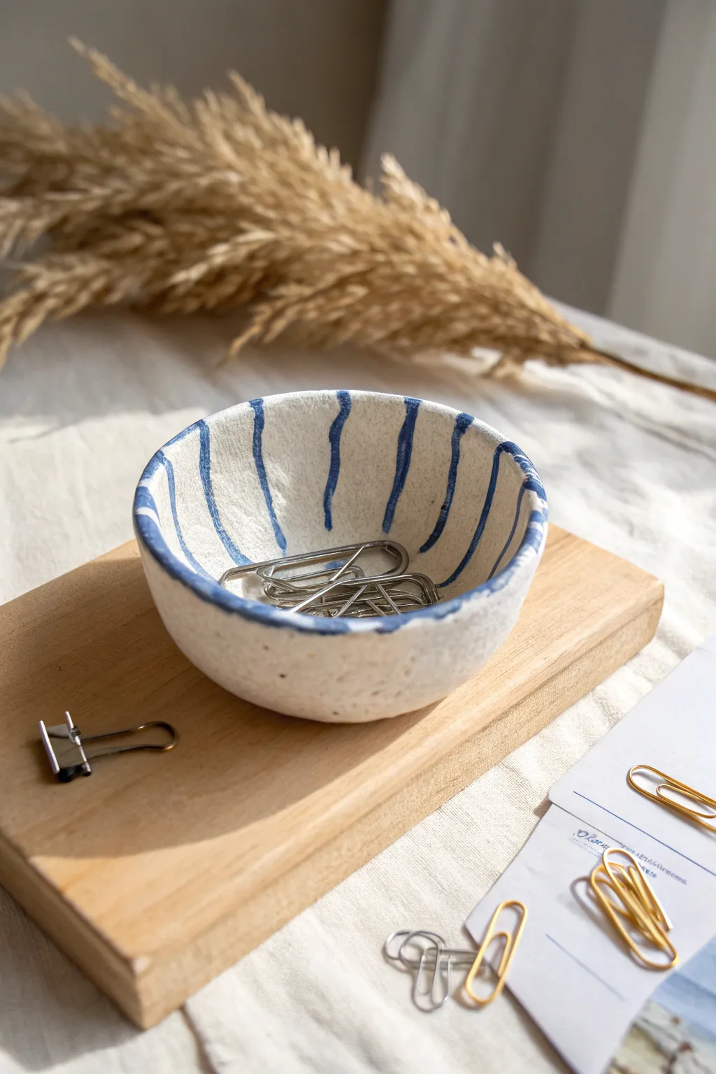 Minimal air dry clay catchall bowl with a bold stripe, perfect for paper clips and pins