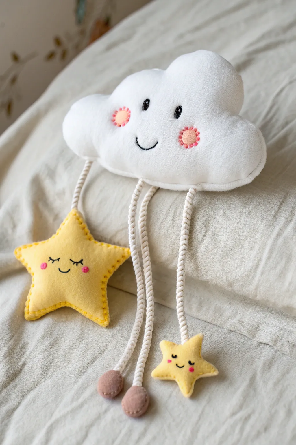 Sweet cloud buddy with dangly legs and a tiny star friend, minimalist boho clay charm.