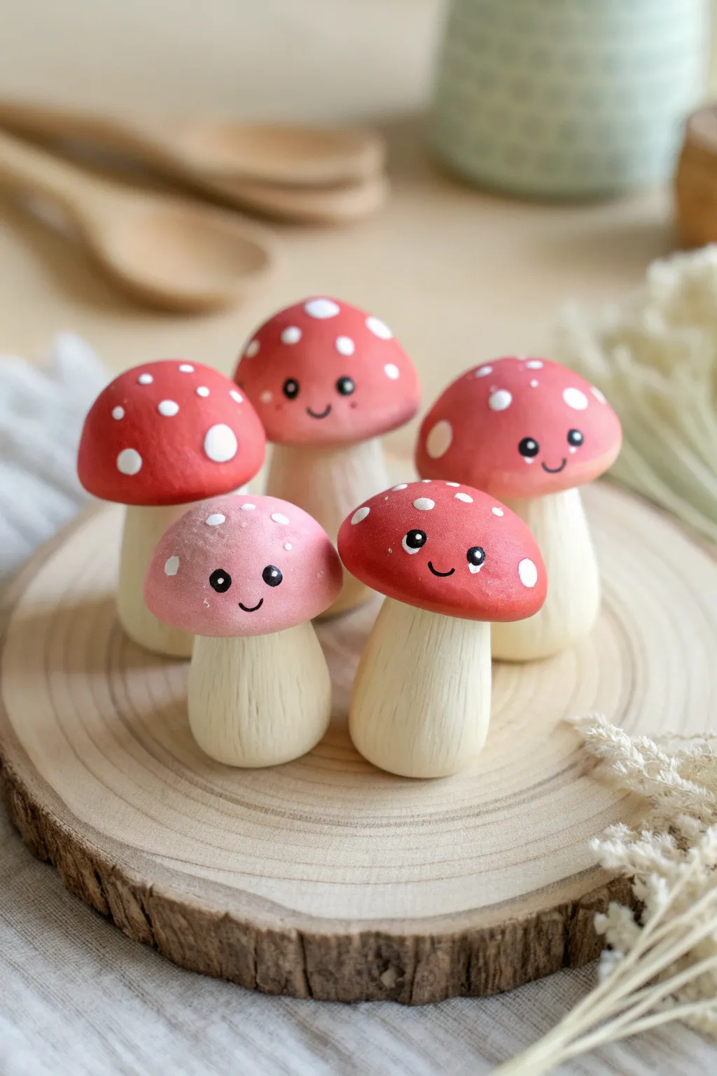 Sweet kawaii mushroom minis in soft reds and blush tones, perfectly simple and handmade.