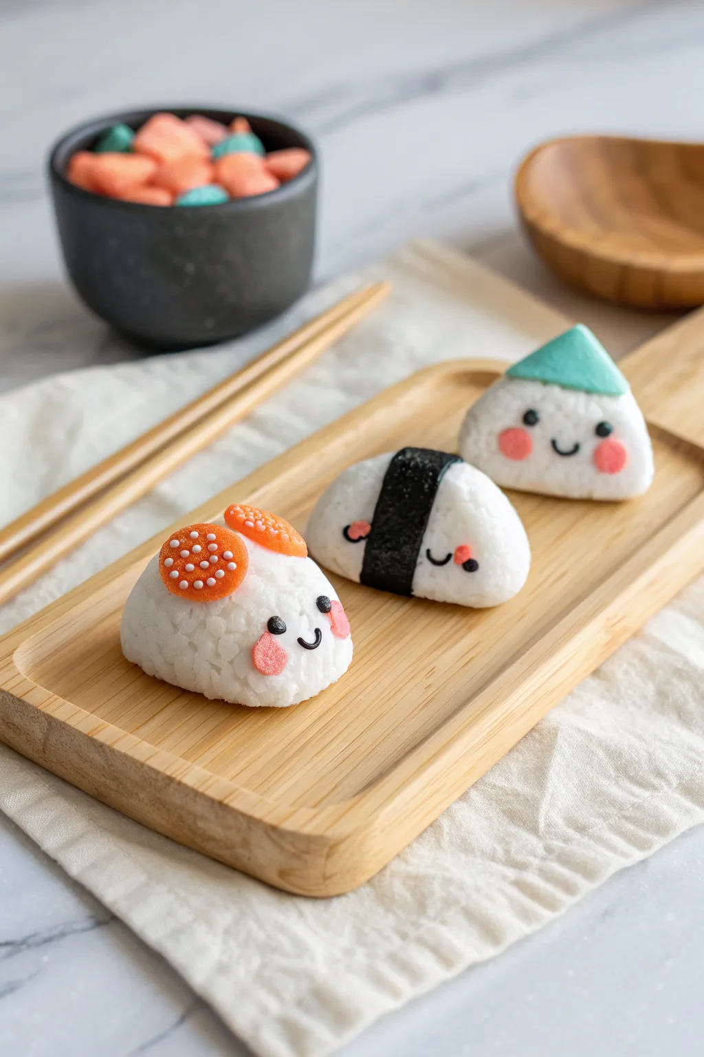 Mini kawaii sushi and rice ball pals in bold clay colors, an easy air-dry craft idea for kids.