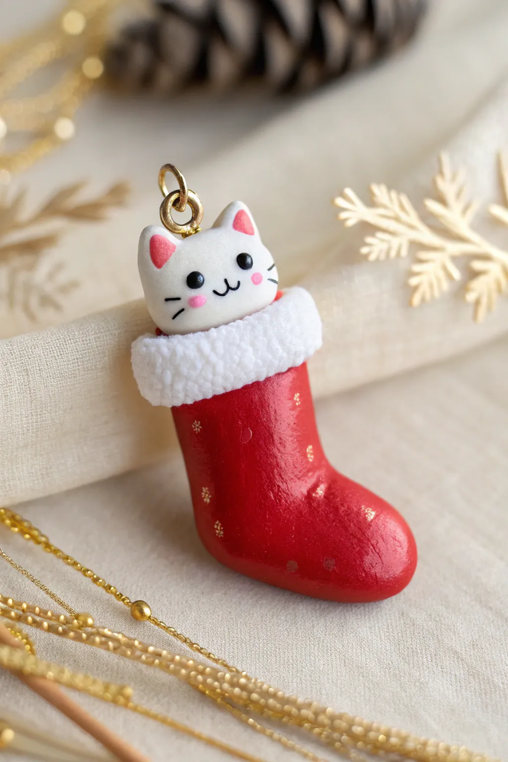 Kawaii stocking charm with a peekaboo kitty, bold red and fluffy cuff in minimalist styling