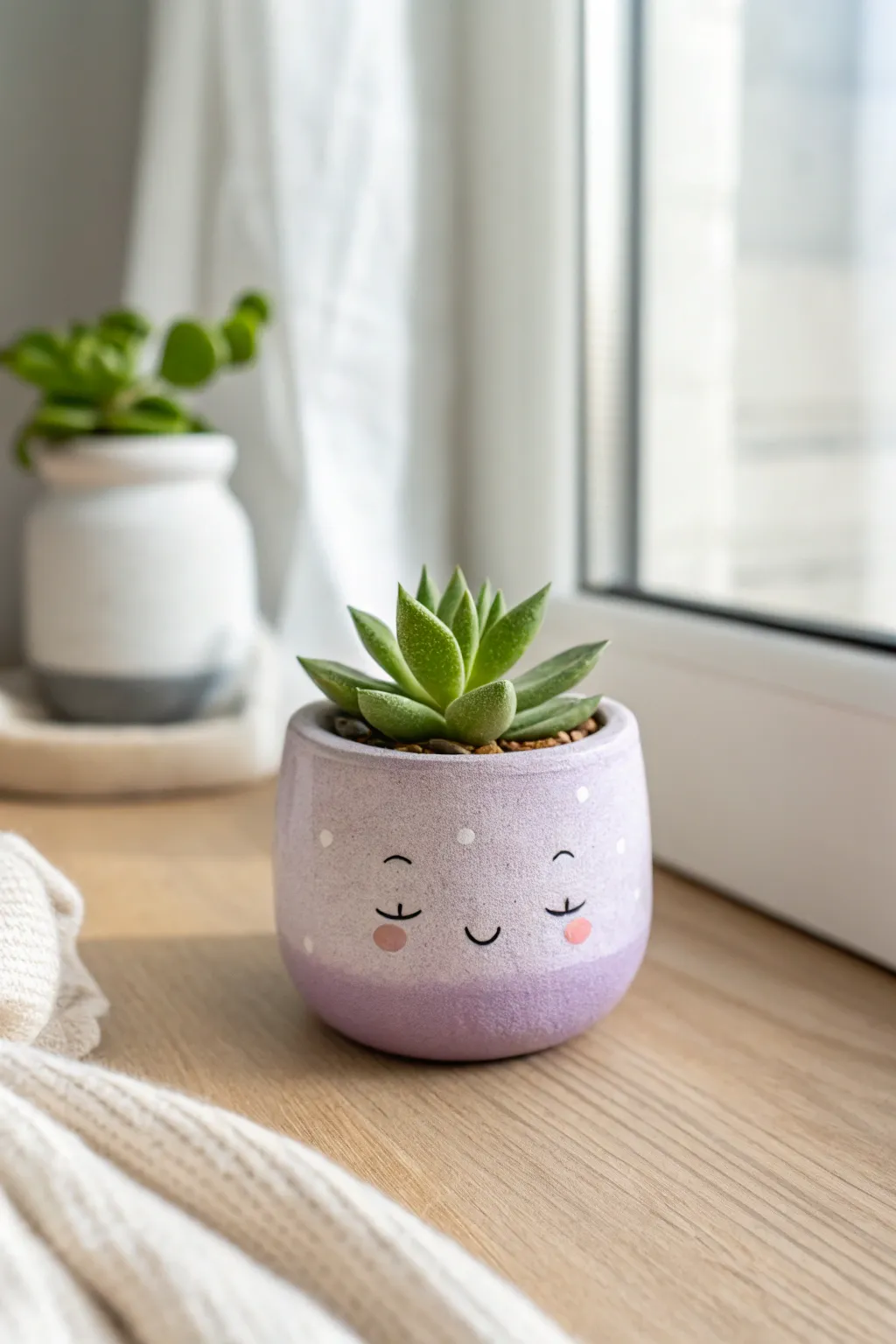 Handmade kawaii mini planter with a cute face and tiny succulent in bright, airy light
