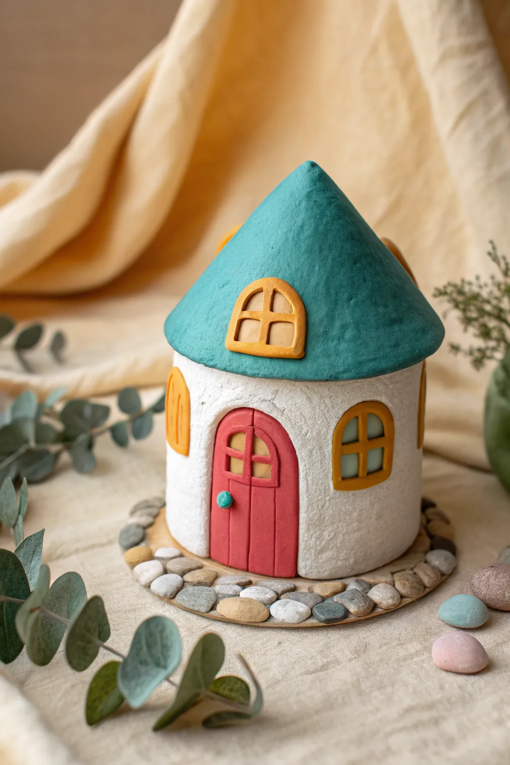 Bright air-dry clay fairy house for mini gardens, simple shapes and storybook color pop