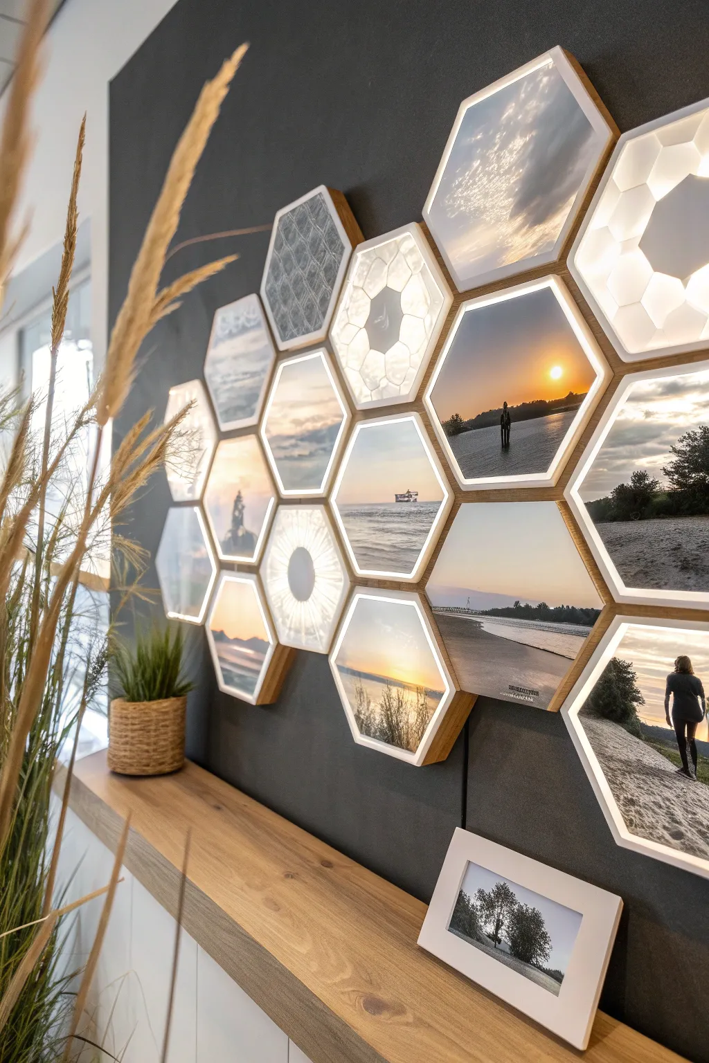 Glowing hexagon lithophane wall grid with a honeycomb layout for a bold, modular gallery moment