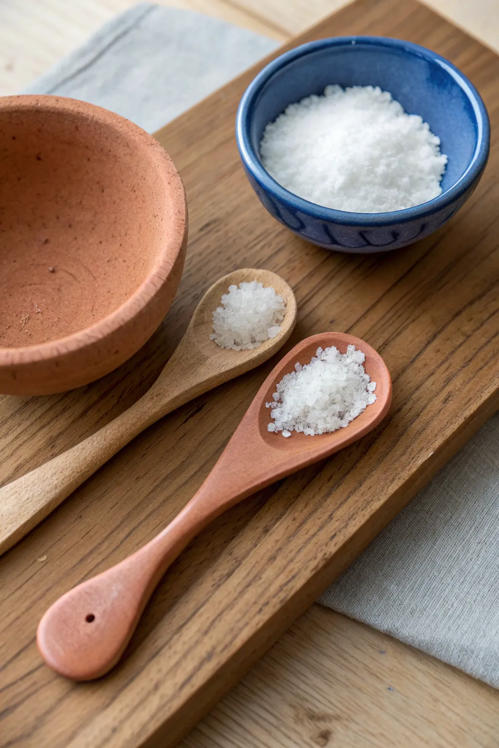 Two mini air dry clay salt spoons beside flaky sea salt for a simple pinch jar upgrade