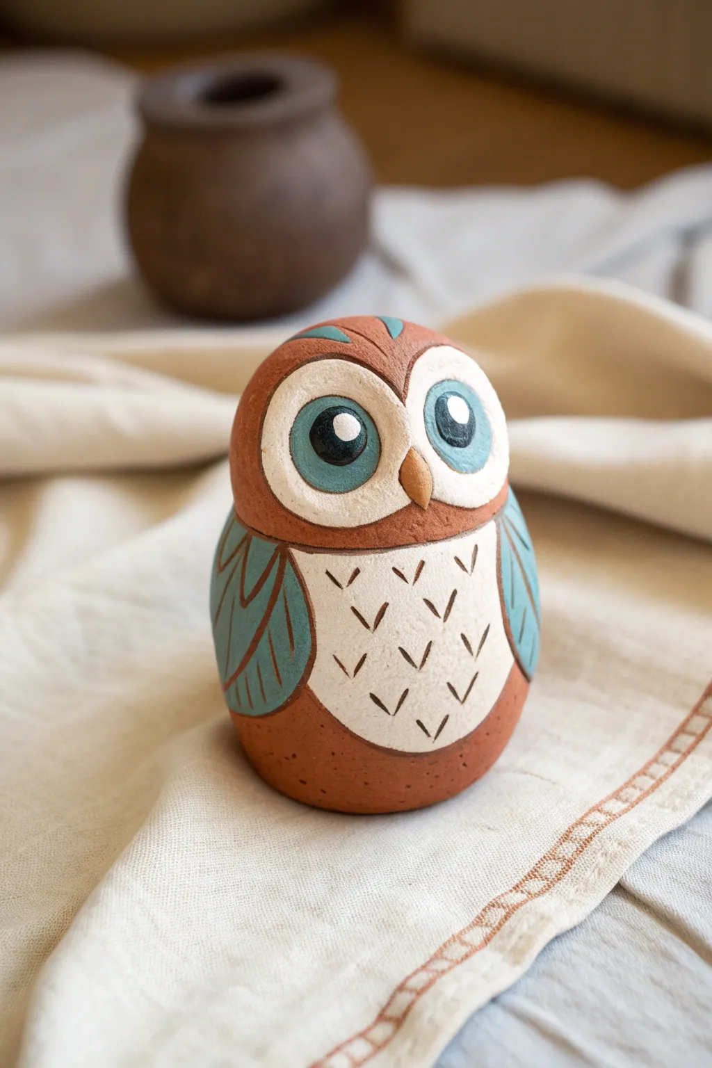 Little clay owl with big eyes, simple shapes and bold colors for an easy cute make
