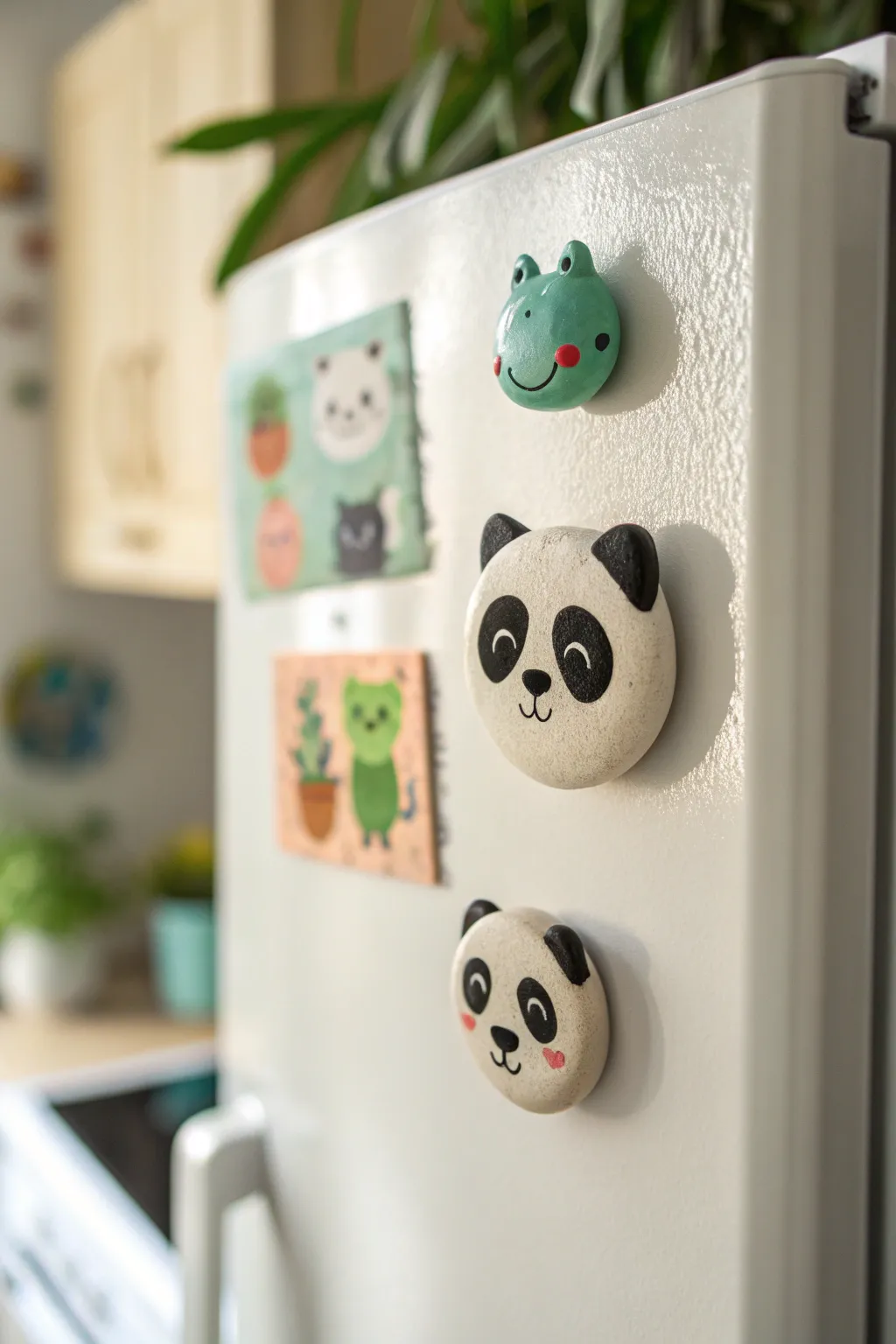 Tiny animal face clay magnets in bold colors for a neat, minimalist fridge display