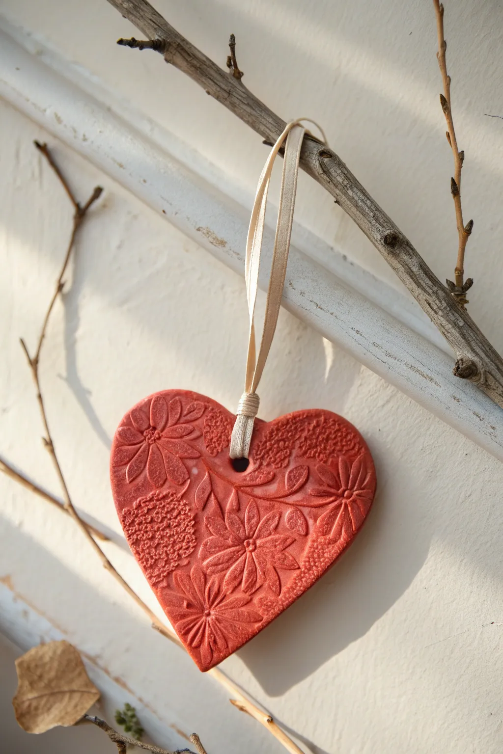 Texture-pressed clay heart ornament in bold terracotta with linen ribbon, hanging from a simple branch.