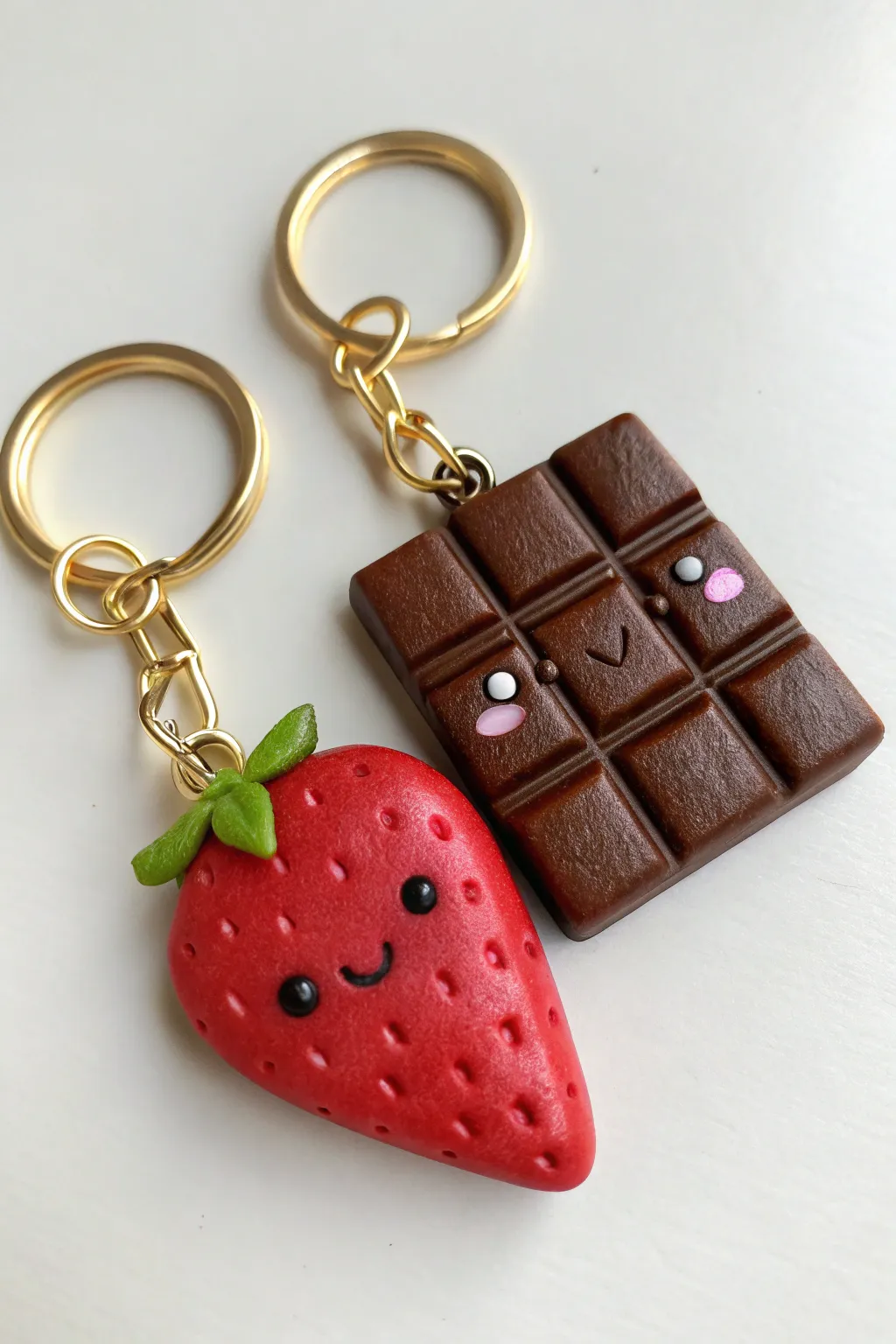 Sweet matching clay duo: strawberry and chocolate charms with tiny faces, perfect for cozy keychains.