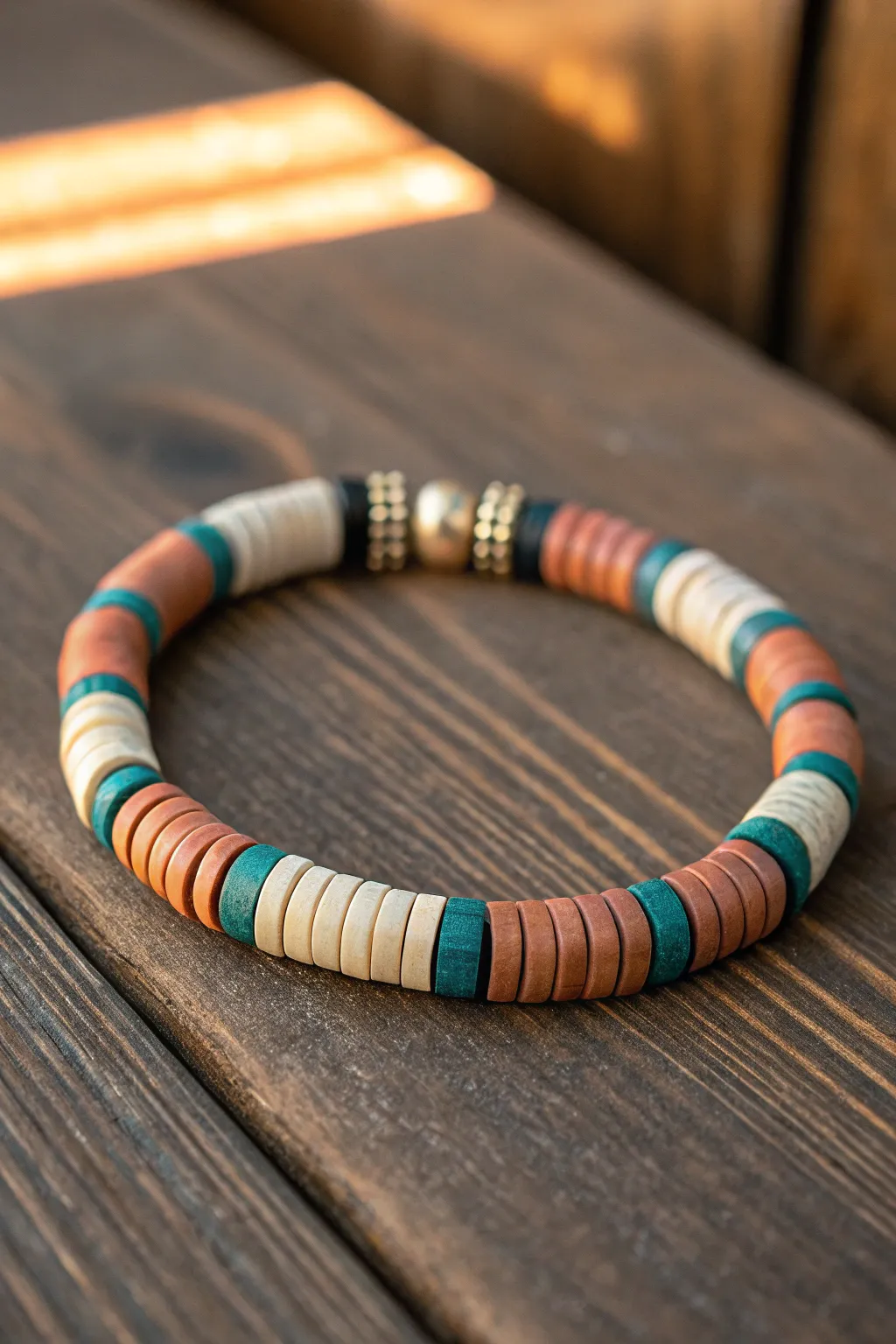 Chunky wide heishi stack bracelet in earthy tones with a bold teal pop, styled on dark wood.
