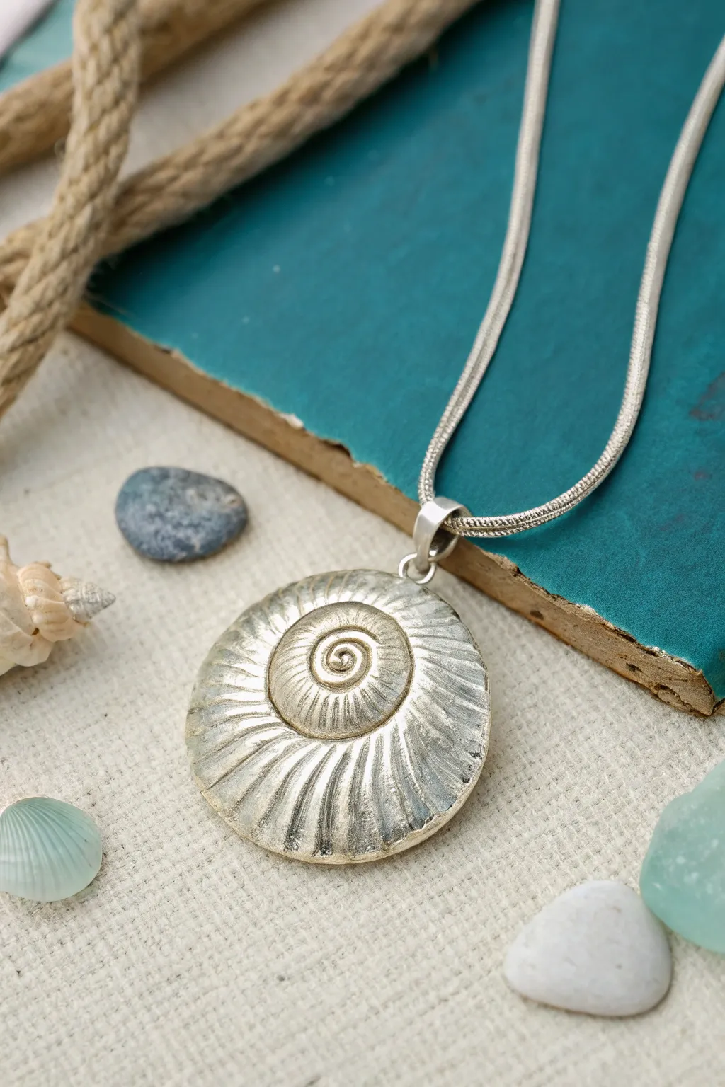 Ocean inspired metal clay pendant with shell texture, styled in minimal Scandinavian boho tones