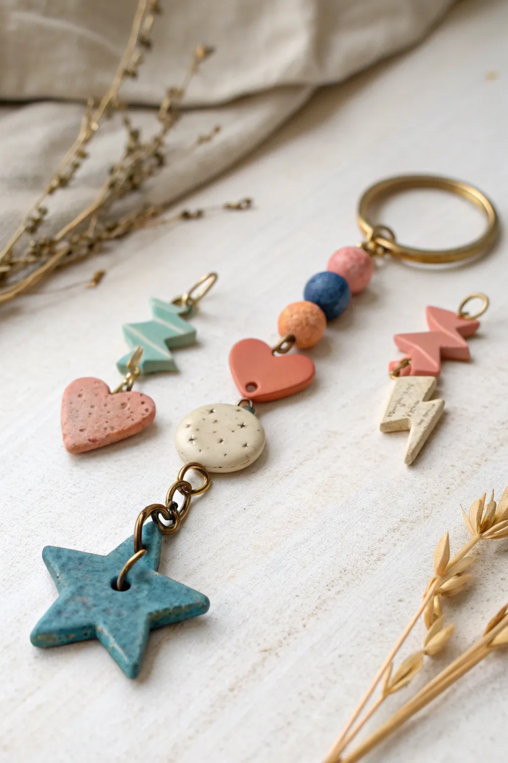 Handmade clay bead keychain with star and heart charms in bold boho colors, minimalist styling.