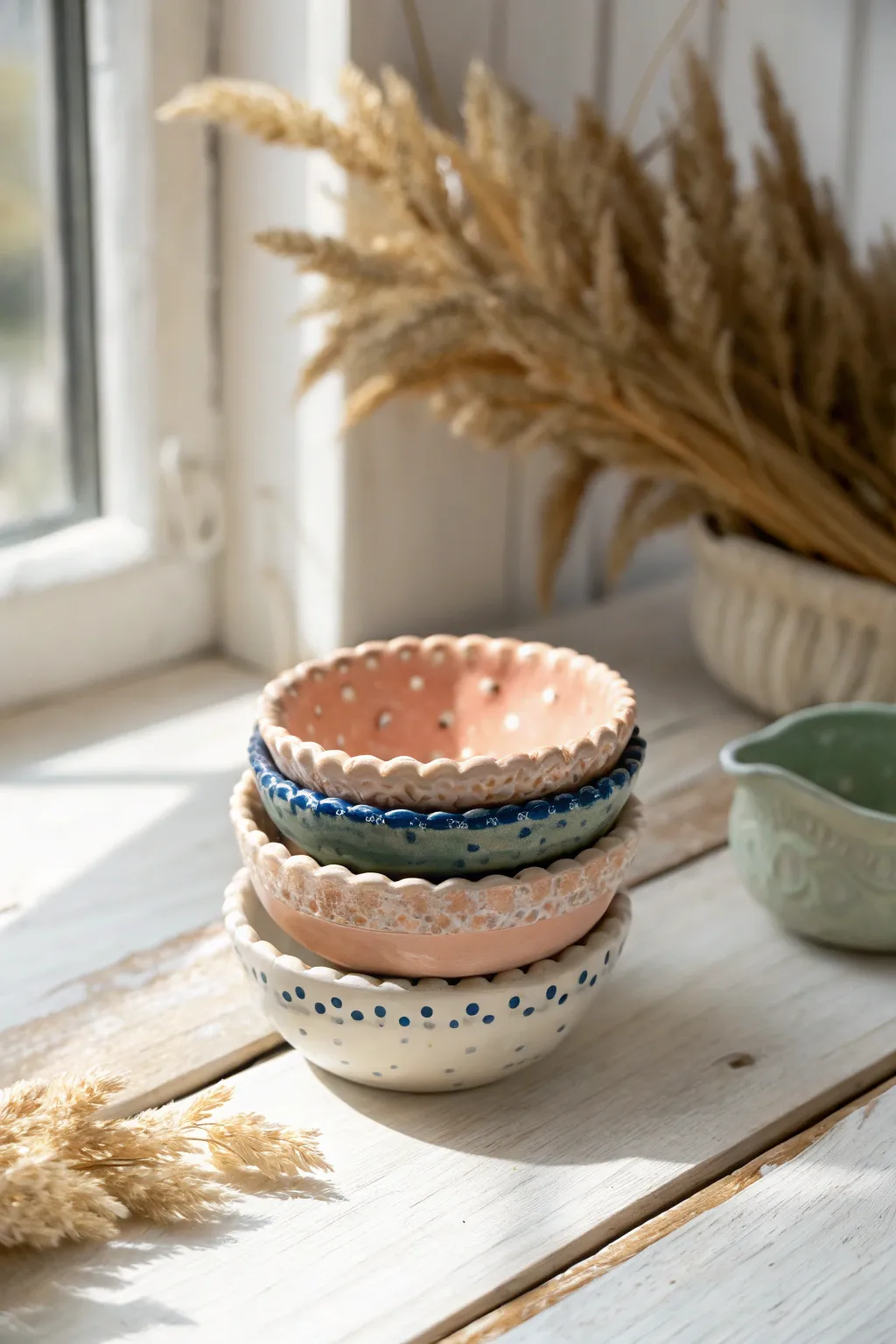 Scalloped mini trinket dishes in soft bold hues, stacked to spotlight delicate handmade edges.