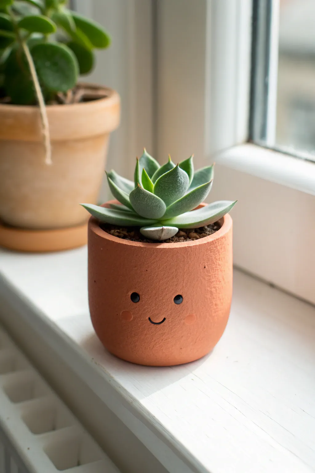 A tiny succulent pot figure with a sweet face and bold green leaves—simple and adorable.