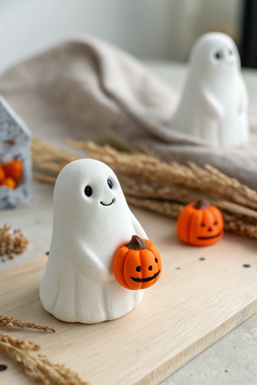 Tiny friendly clay ghost holding a mini pumpkin treat, minimalist boho vibes with bold contrast