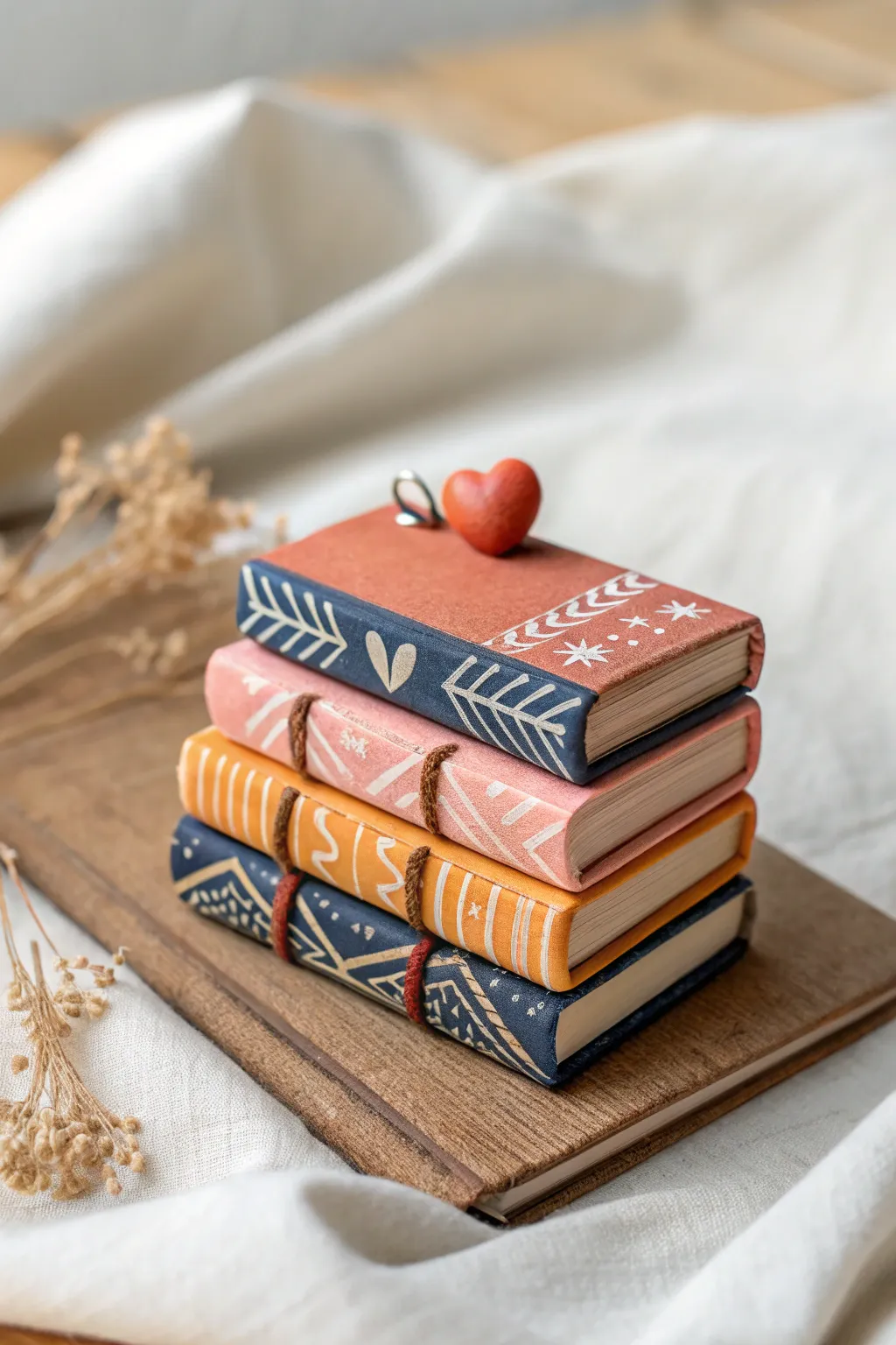 Tiny book stack charm in bold boho colors, a cozy minimalist mini clay idea for Pinterest