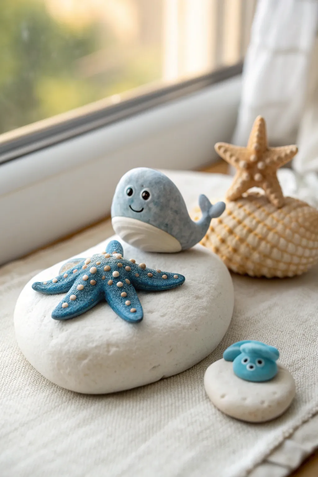 Mini ocean creature trio in calm blues and sandy neutrals, cute, simple, and beginner friendly