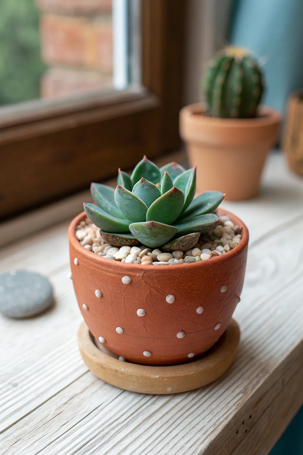 Mini clay succulent in a pebble pot, chunky leaves and bold color in a clean minimalist style.