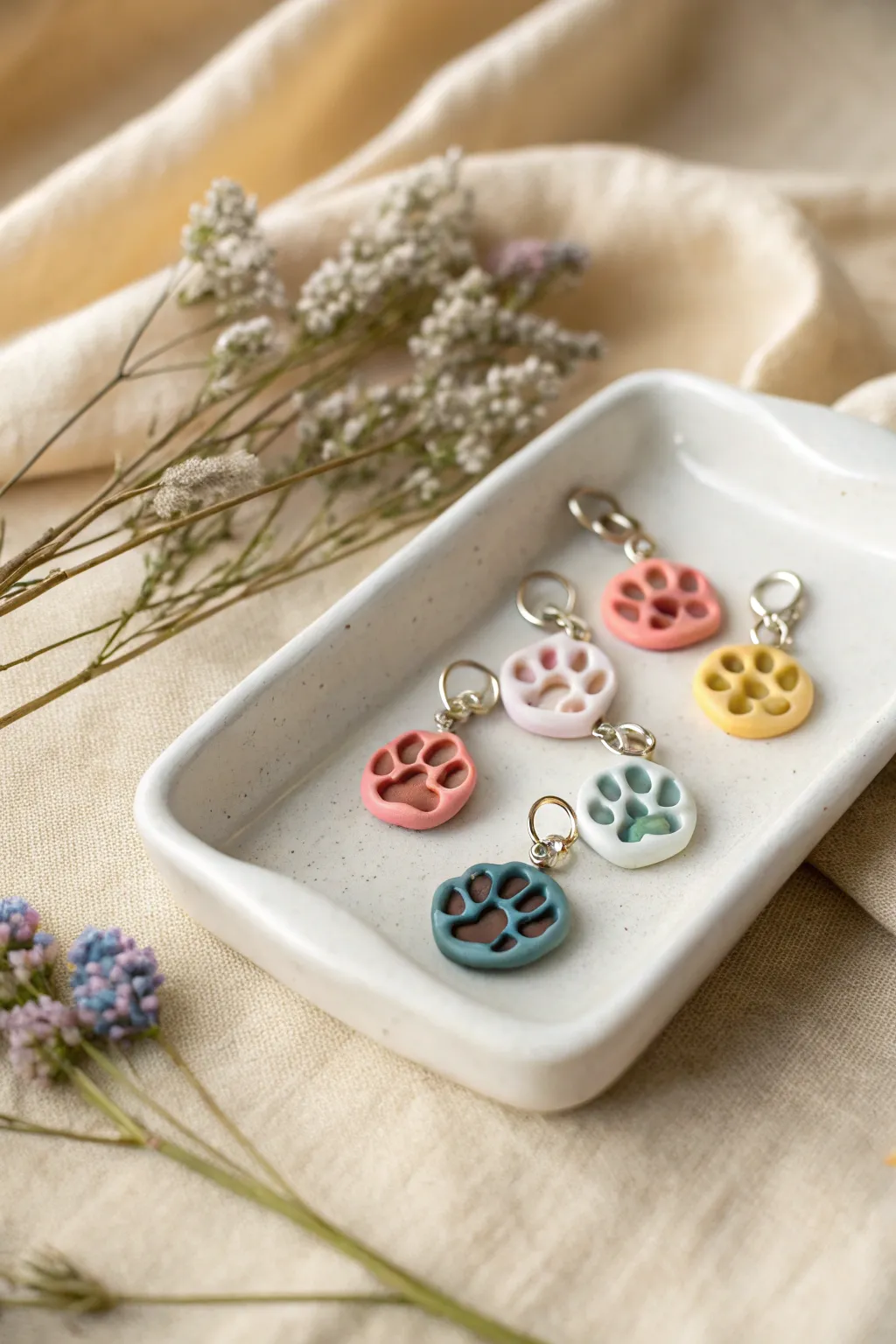 Tiny polymer clay cat paws with sweet toe beans, a colorful mini charm collection