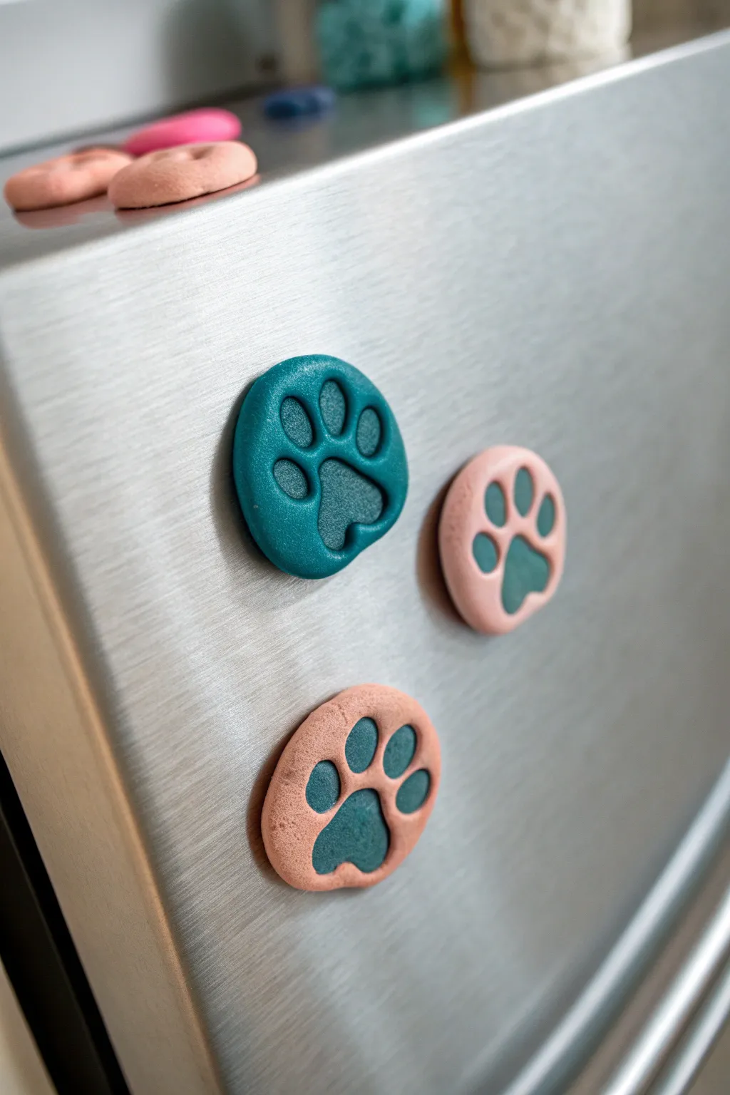 Tiny paw print magnets in bold boho hues, a simple handmade touch for your fridge corner.