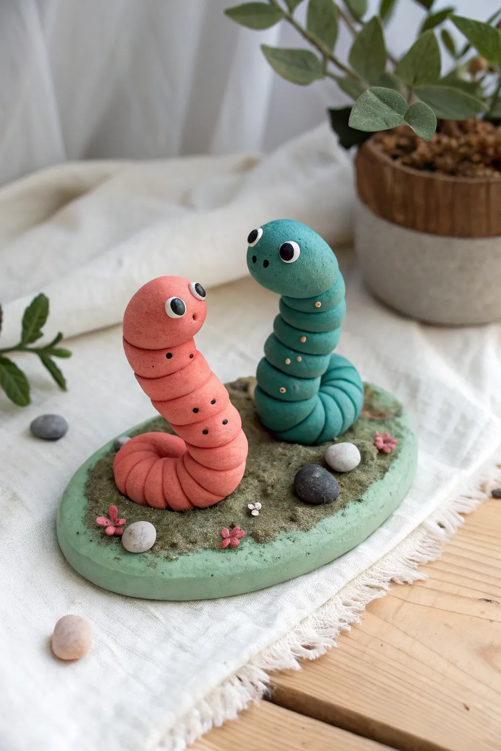 Cute wiggly model magic worms on a mini garden base, bold colors, simple and beginner friendly.