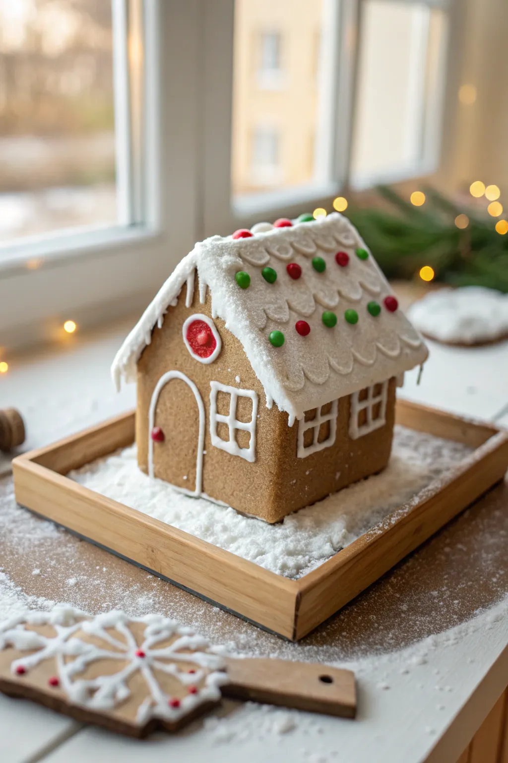 Mini clay gingerbread house village with snowy icing roofs and candy dots, simple and cozy.