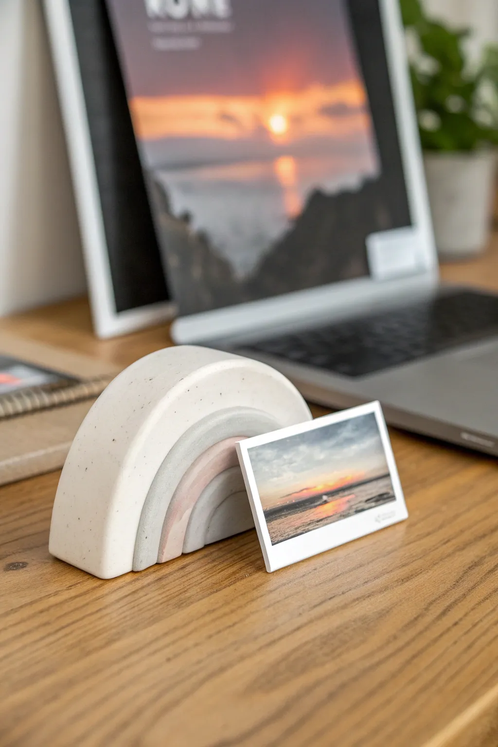 Modern clay photo holder with a neutral marbled base, simple, chic, and desk ready today.