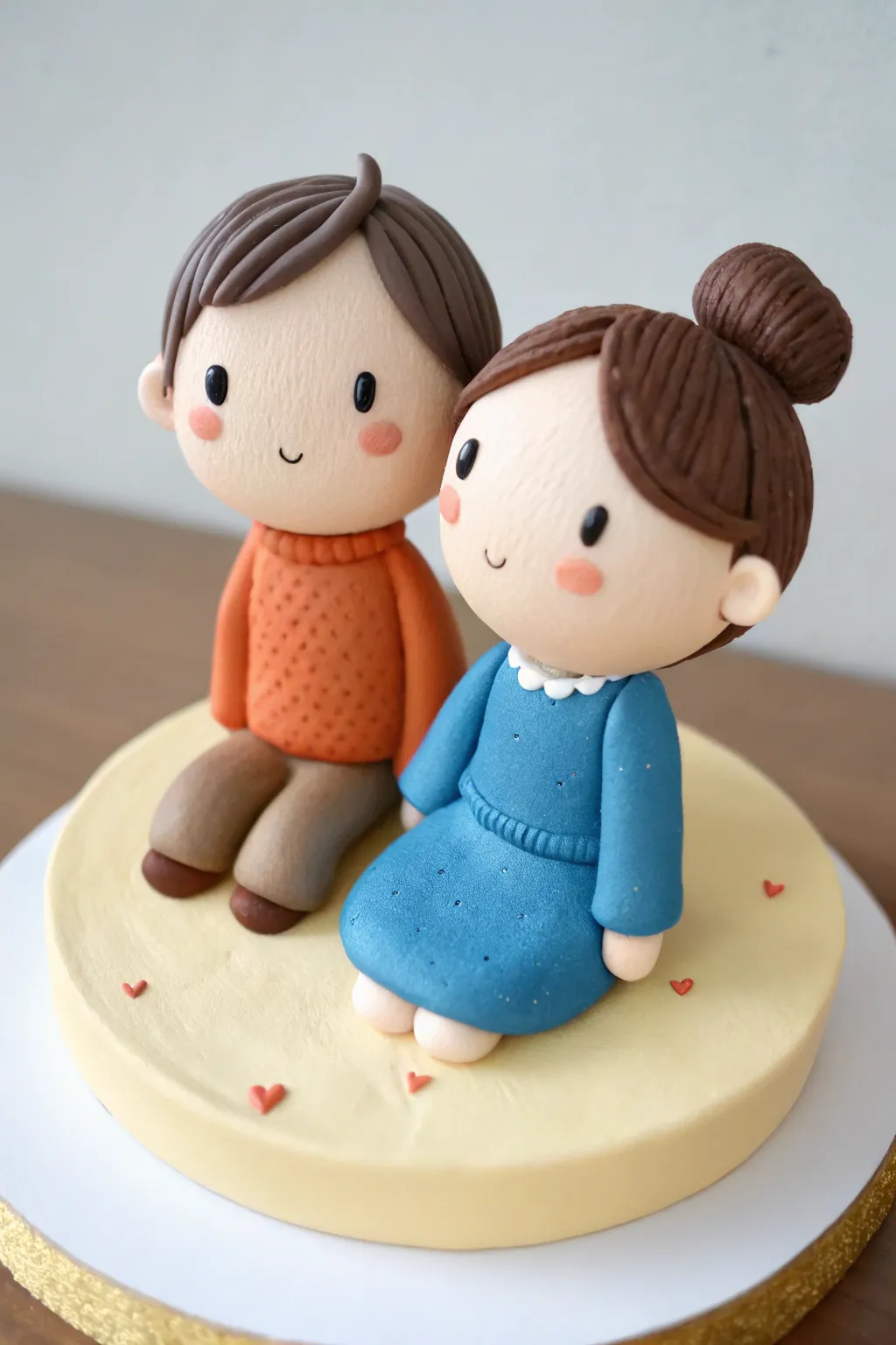 Tiny chibi couple figurines in bold clay colors, a sweet beginner-friendly keepsake for two.