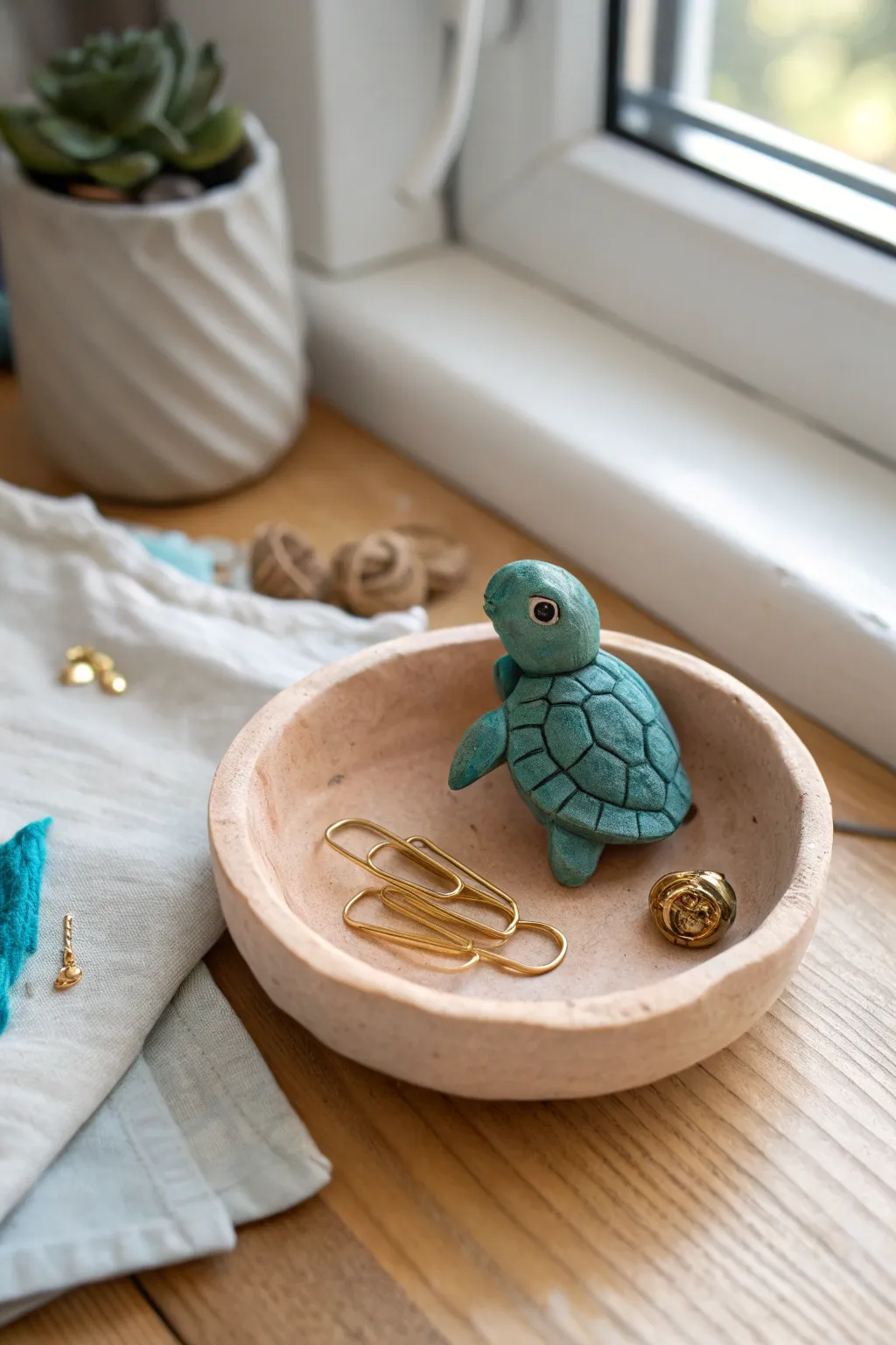 Charming turtle rim trinket dish in bold teal glaze, minimalist boho styling, perfect desk catchall.