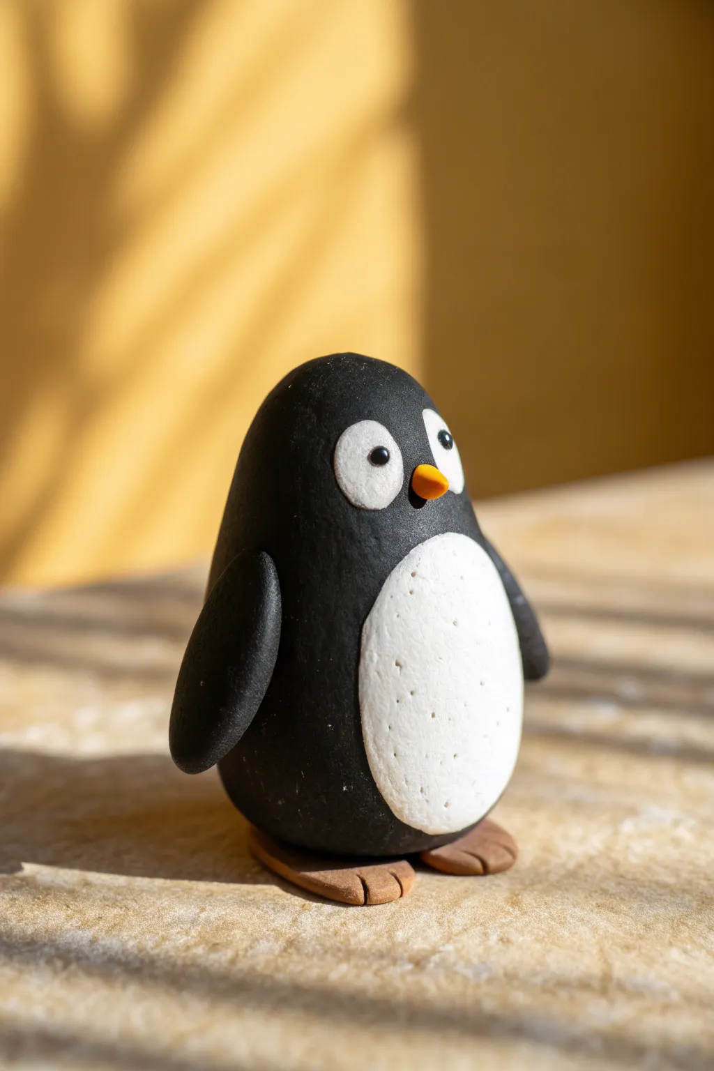 Tiny stacked-shape clay penguin: a simple beginner project with bold contrast and charm.