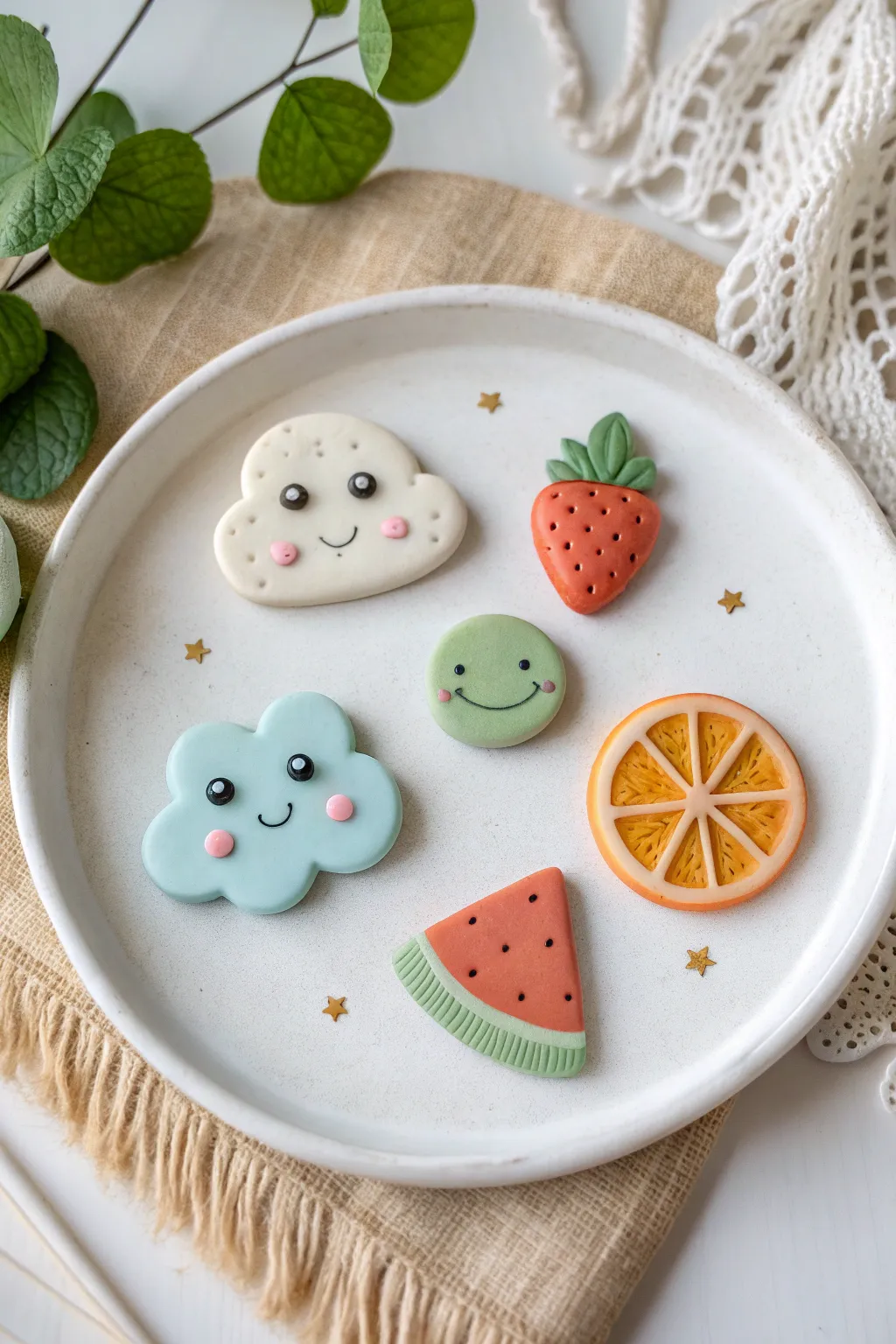 Cute kawaii clay fridge magnets in bold pastels, neatly arranged for a minimalist boho kitchen.