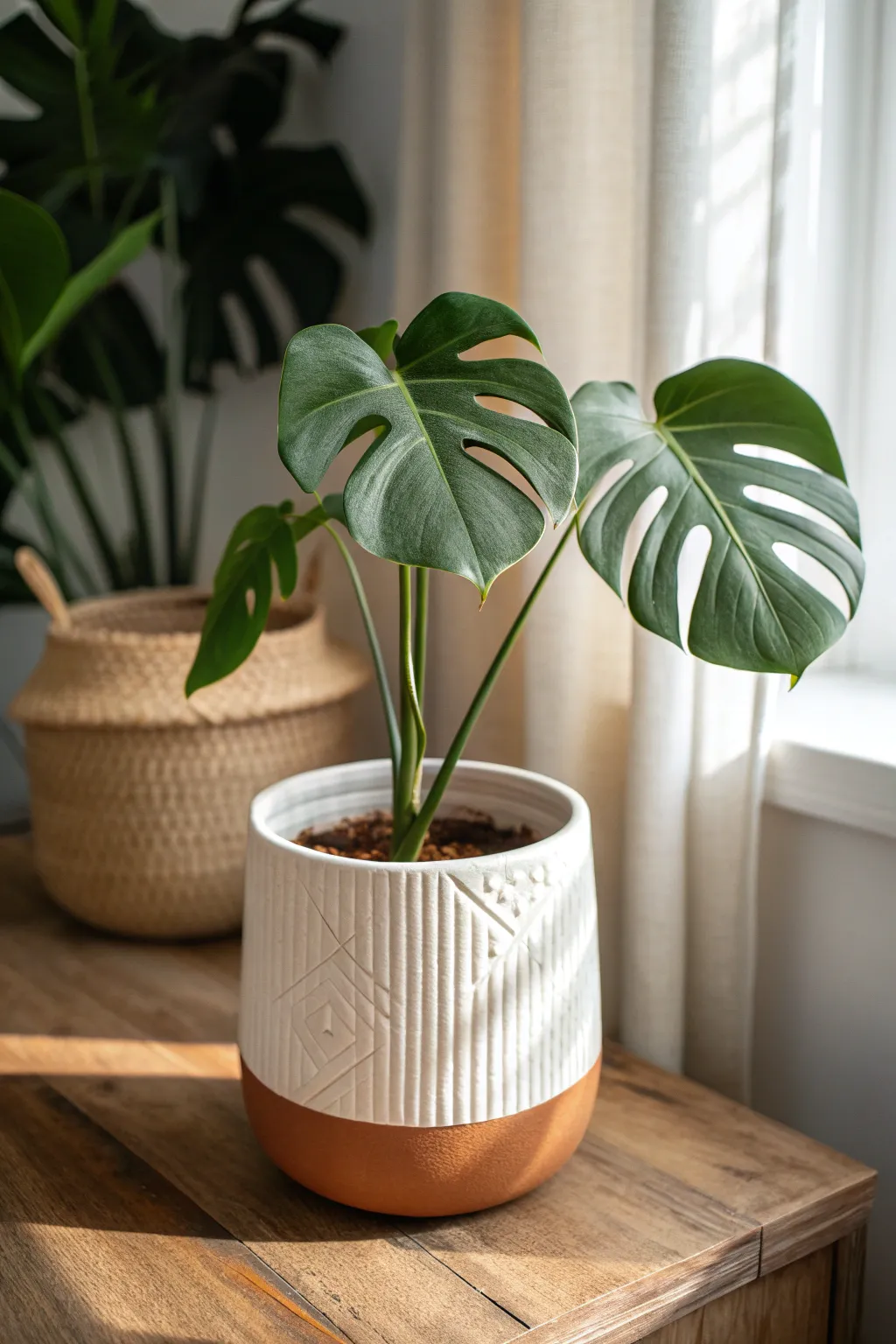 A textured ceramic planter that mirrors monstera leaf drama with minimalist, boho warmth