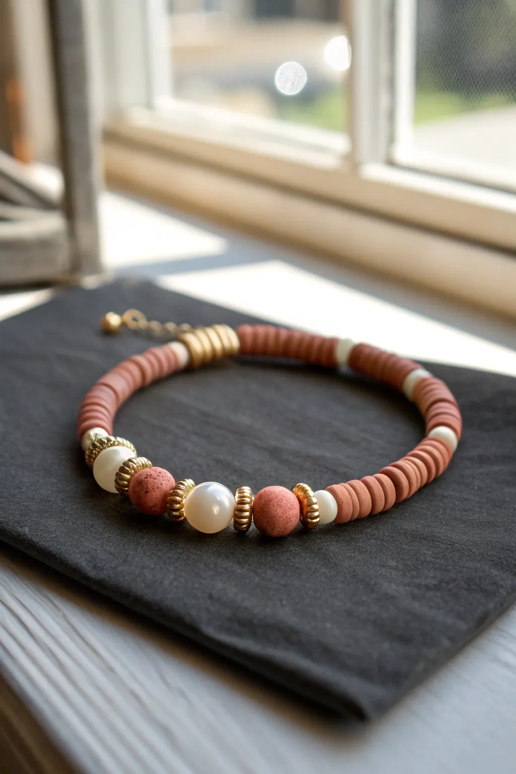 Matte heishi bracelet with small pearls and minimal gold spacers, a sweet Mothers Day gift.
