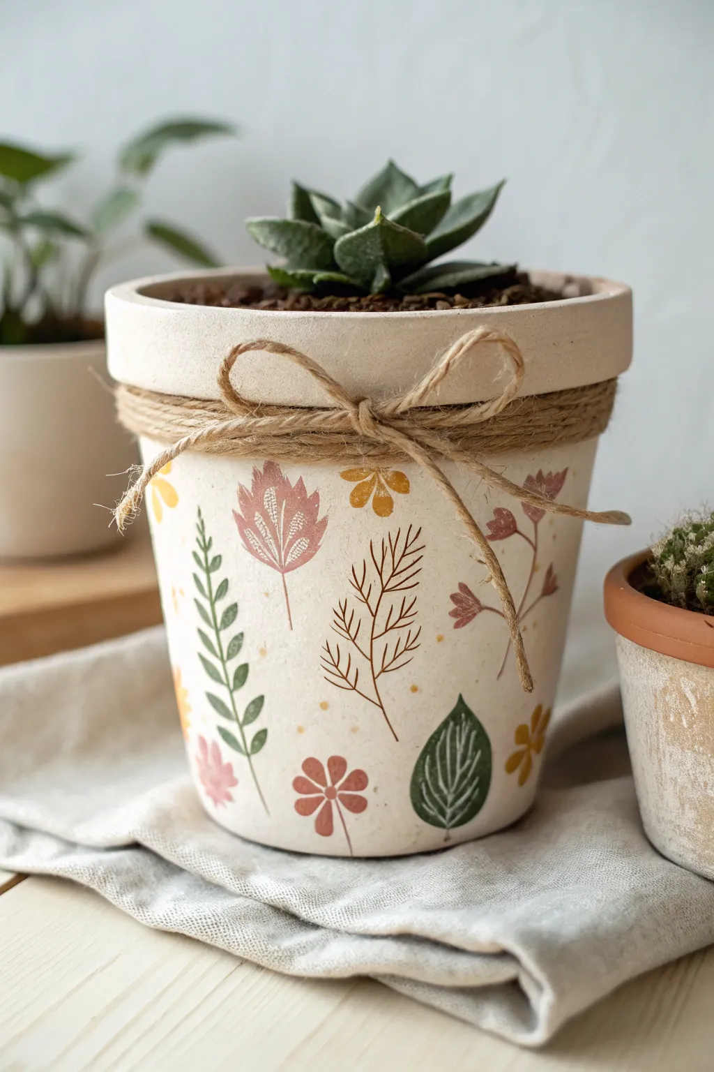 Pressed leaf and flower print clay pot in soft spring tones, wrapped with twine for Mothers Day