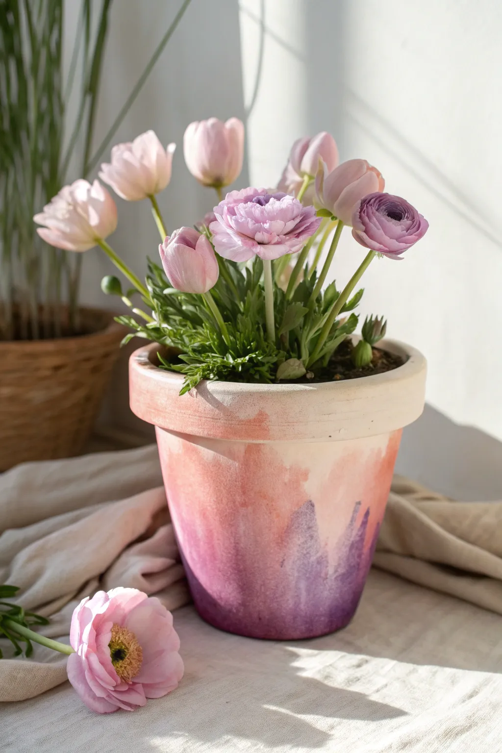 Watercolor wash terracotta pot with pastel blooms, an easy Mothers Day flower pot idea