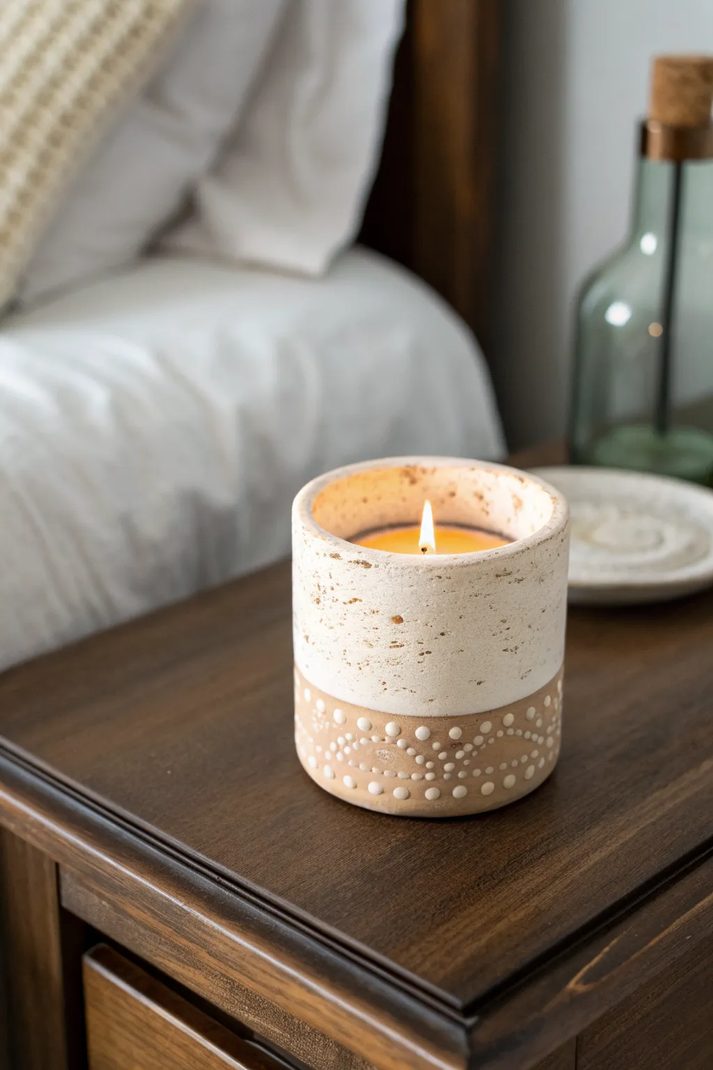 Textured clay candle holder for Mothers Day, simple to make and glowing on a nightstand.