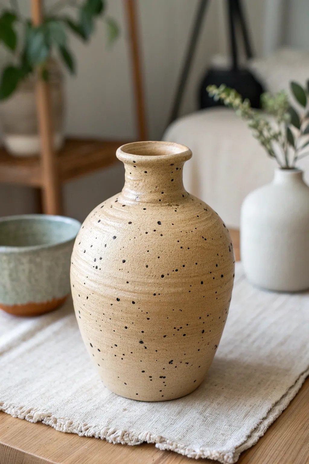 Speckled stoneware effect on a mud vase, minimalist styling with a plain pot in soft blur.