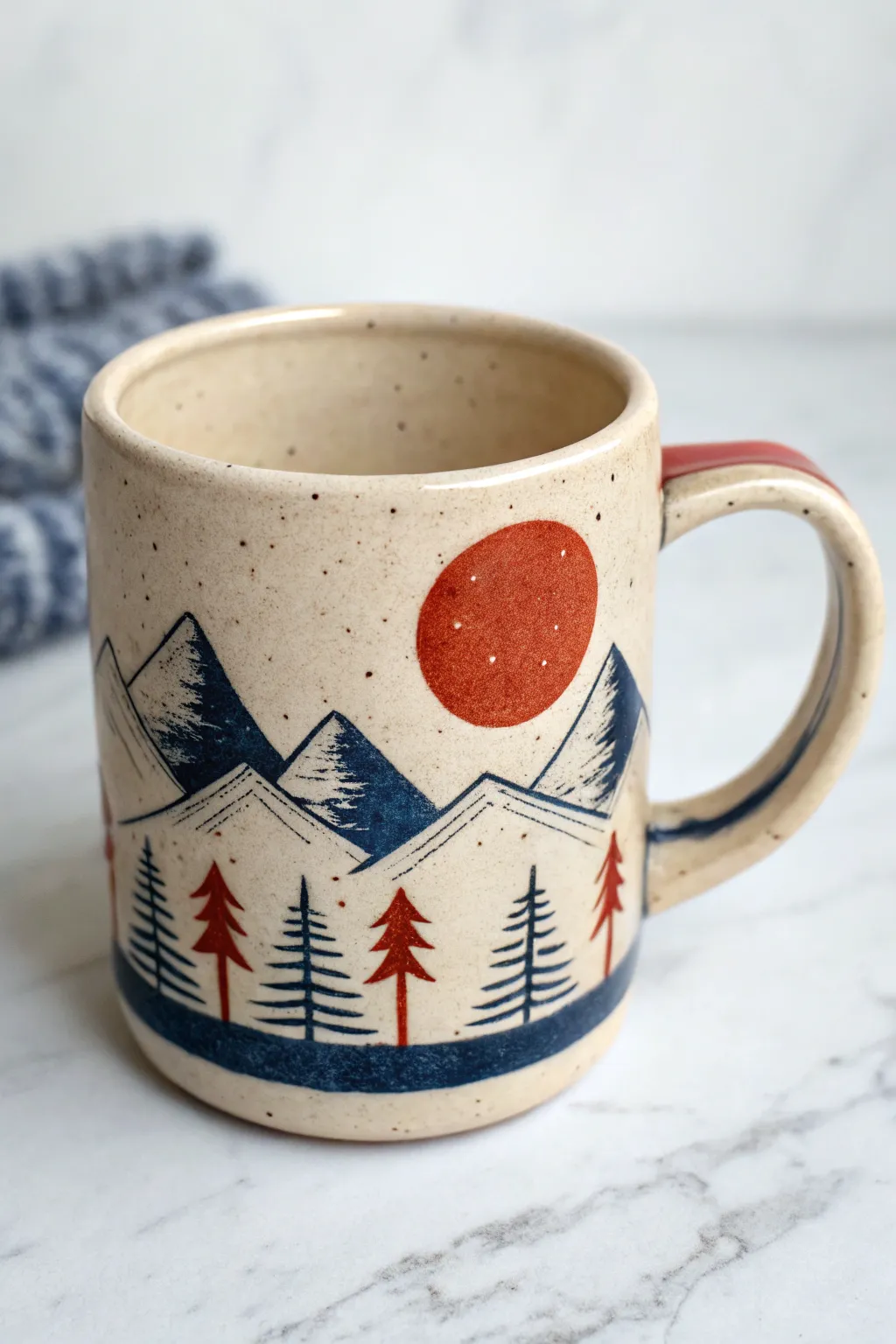 Tiny wraparound landscape mug: minimalist mountains, sun and trees with bold modern contrast