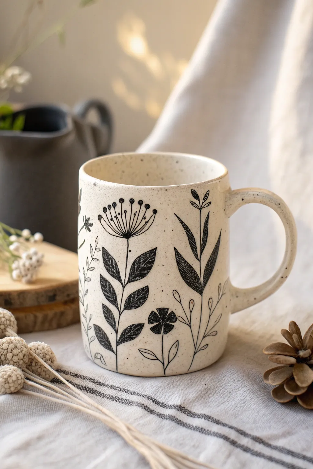 Monochrome floral silhouettes turn a simple mug into modern Scandinavian-boho charm.