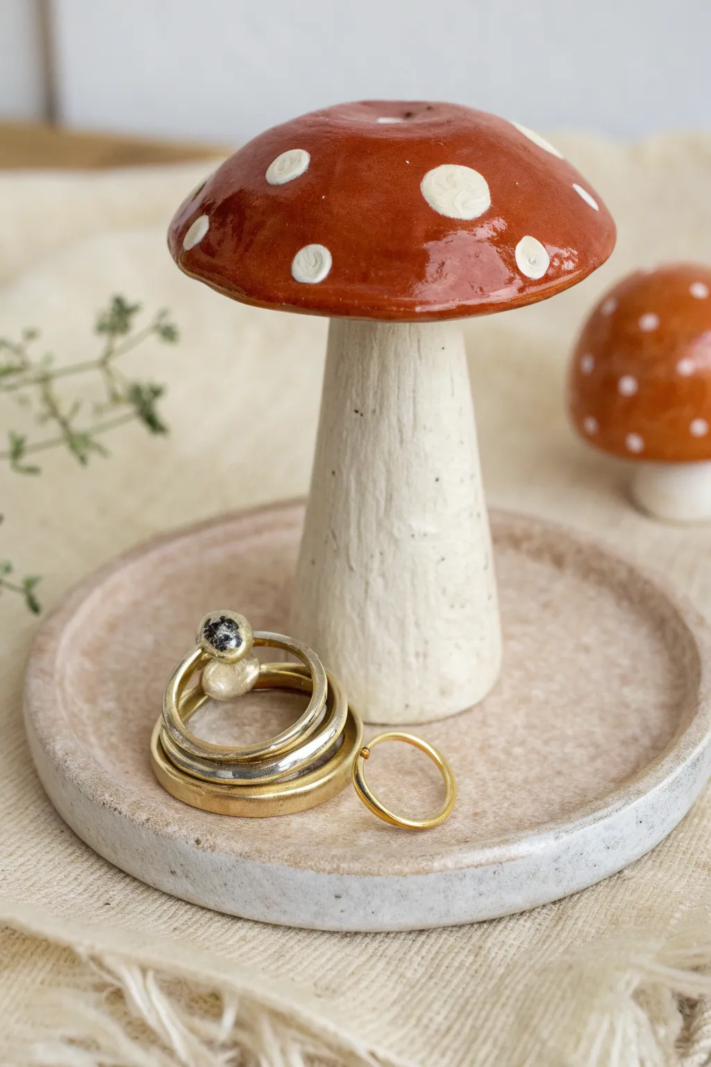 A cute toadstool ring holder with bold glaze and simple rings for a cozy minimalist vibe