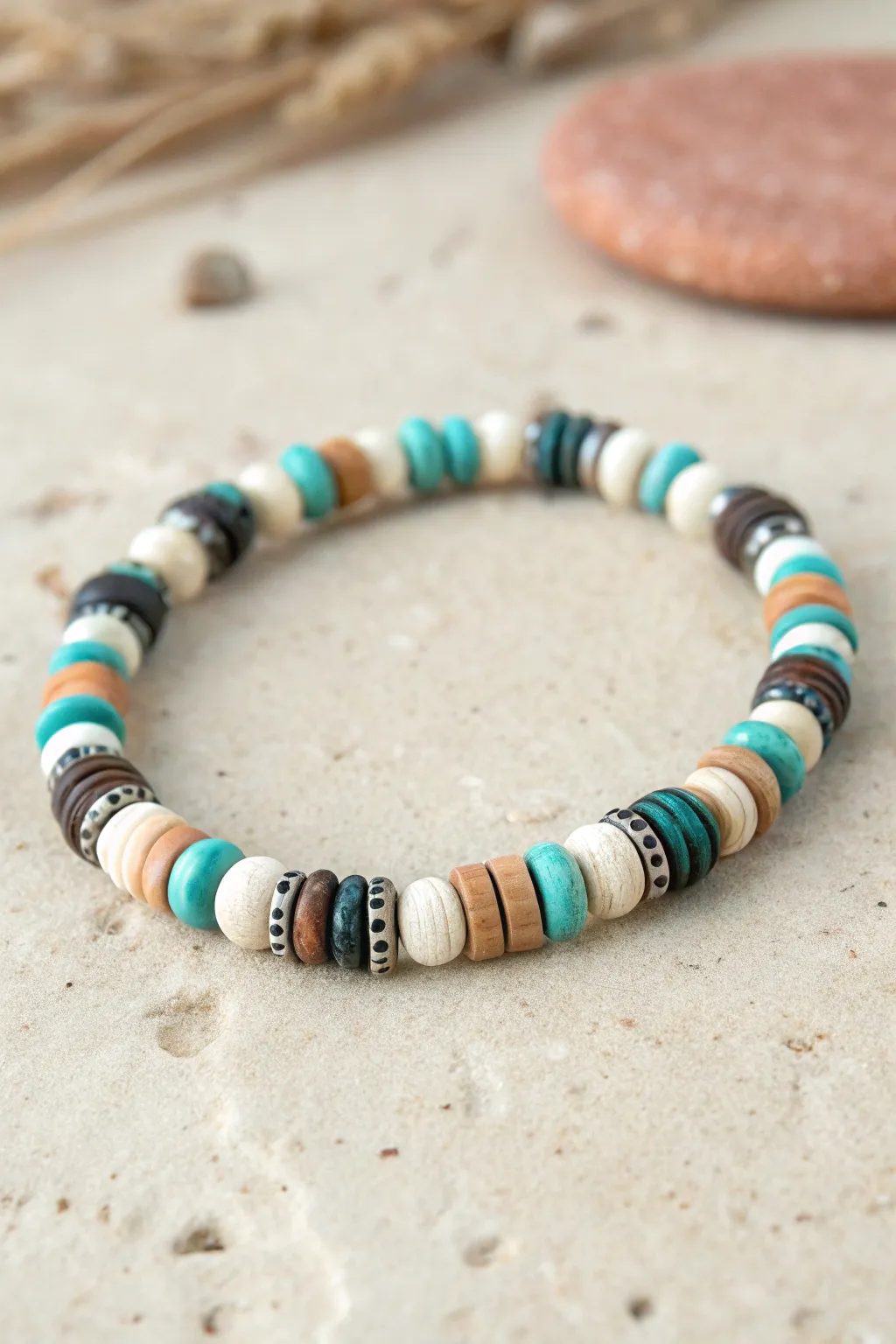 Turquoise and white clay disc bracelet with stone-look accents on pale sandstone, minimal boho vibe.