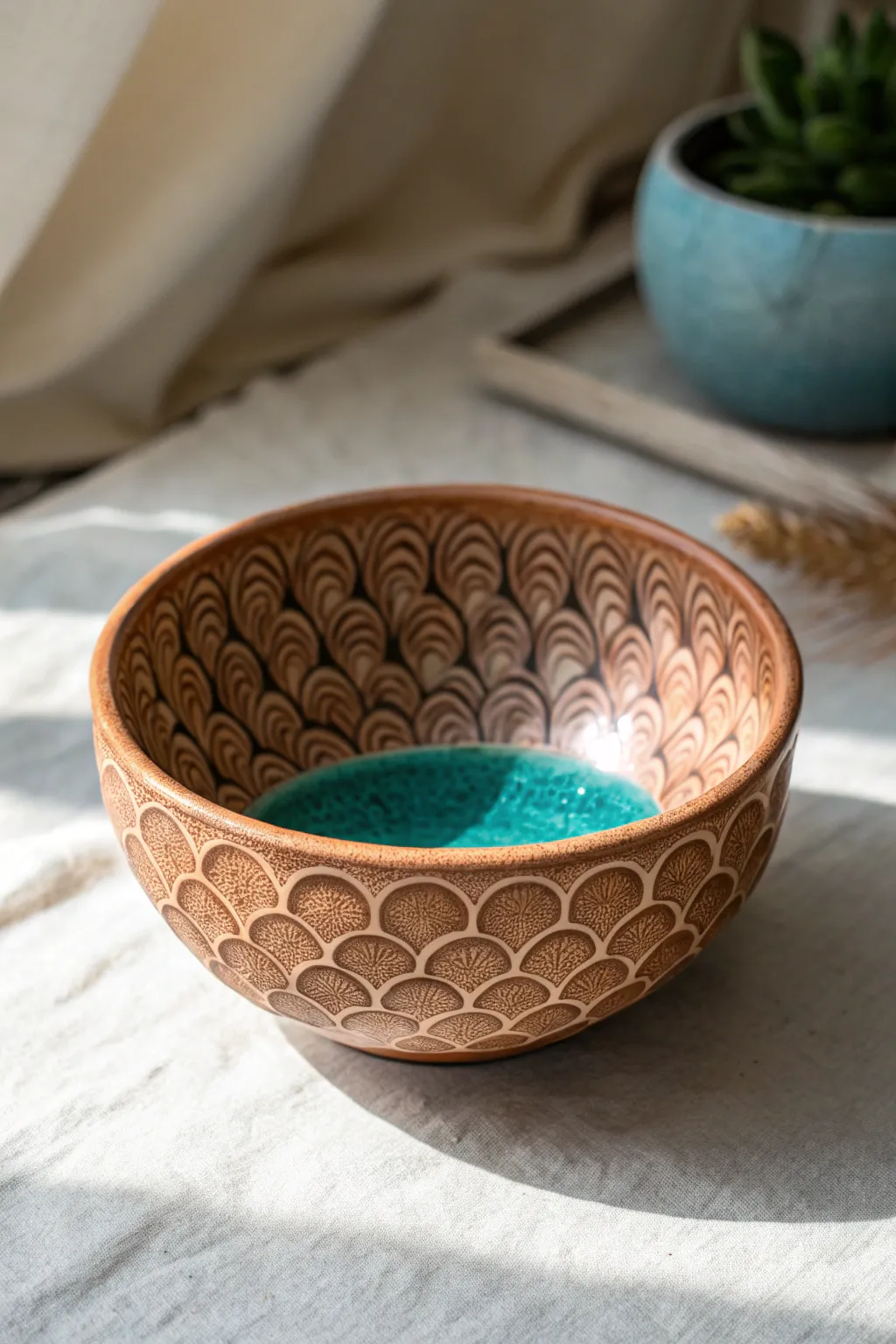 Nature-inspired pinecone stamp bowl with bold glaze and clean Scandinavian-boho styling.