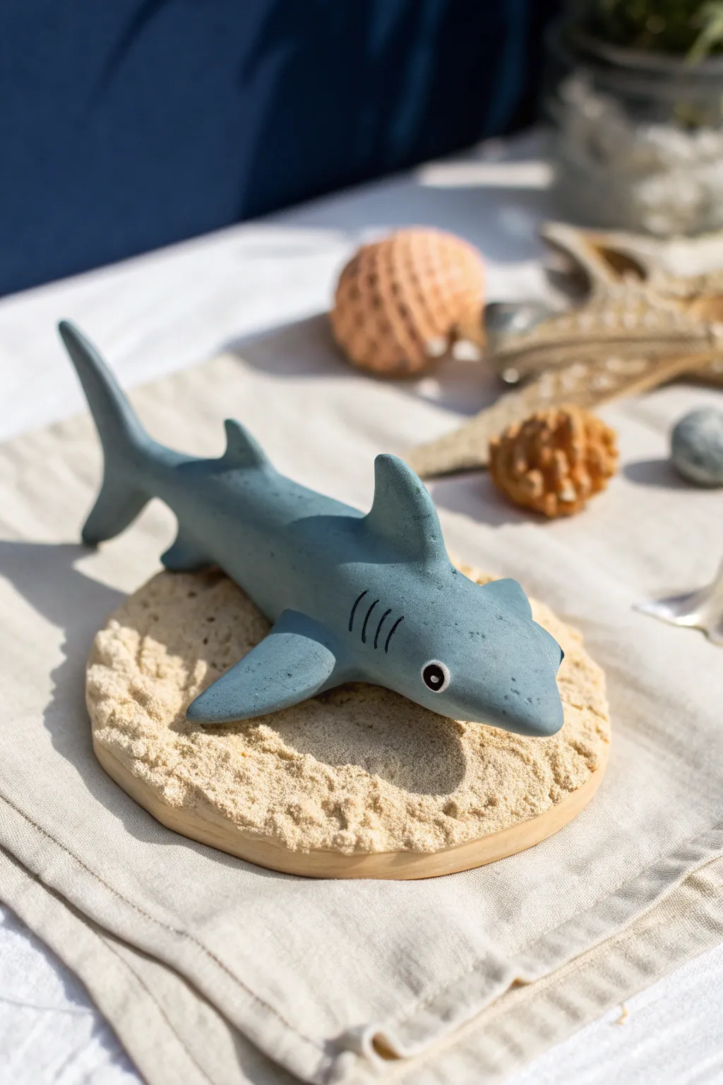 Chunky gray-blue hammerhead shark figurine on sandy base, minimalist ocean clay inspiration