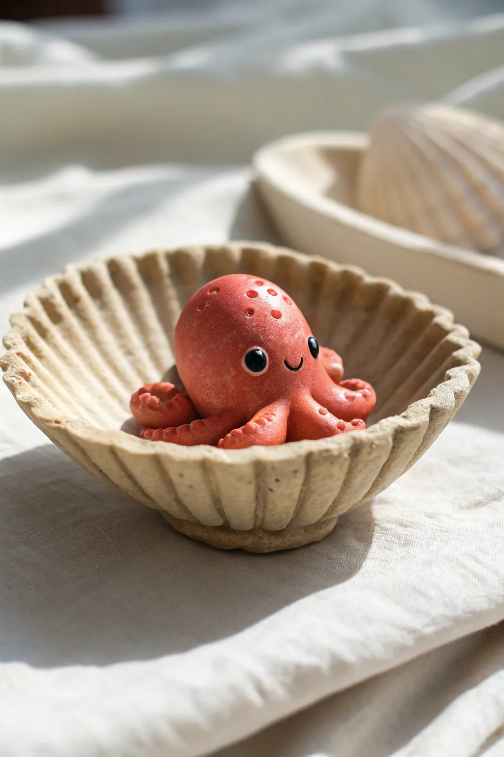 Kawaii baby octopus in a shell bowl, bold coral glaze meets calm Scandinavian minimalism