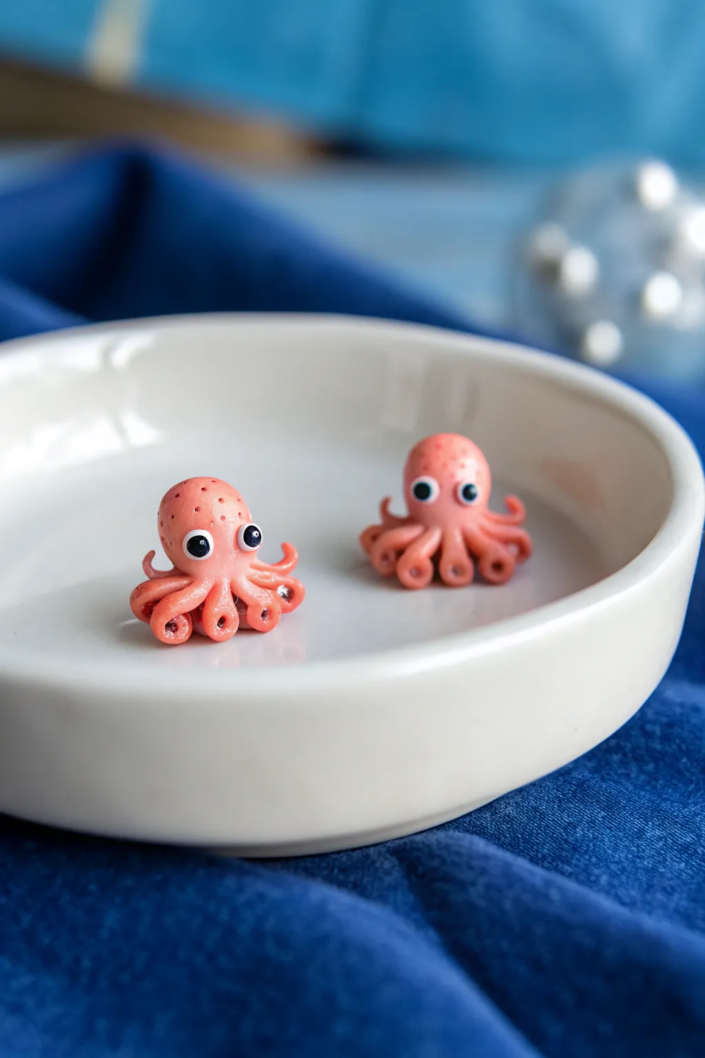 Tiny coral octopus stud earrings with dot eyes, handcrafted and cute, popping against a cobalt backdrop.