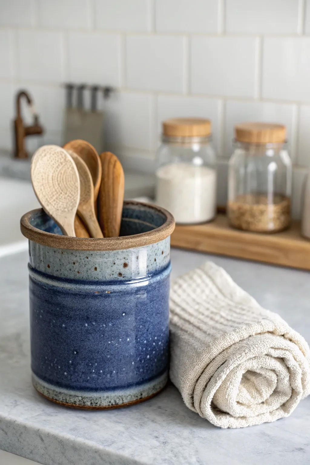 Old stoneware crock with wooden scoops and linen—simple pantry styling with cozy Scandinavian boho.